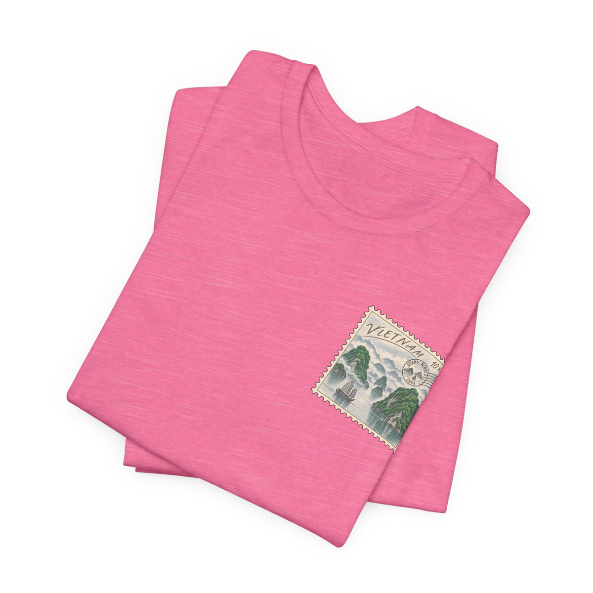 Pink travel t-shirt with Vietnam postage-stamp graphic on chest