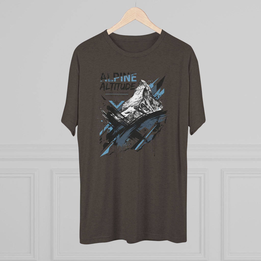 Dark brown crew-neck T-shirt with Alpine Altitude mountain peak graphic on front