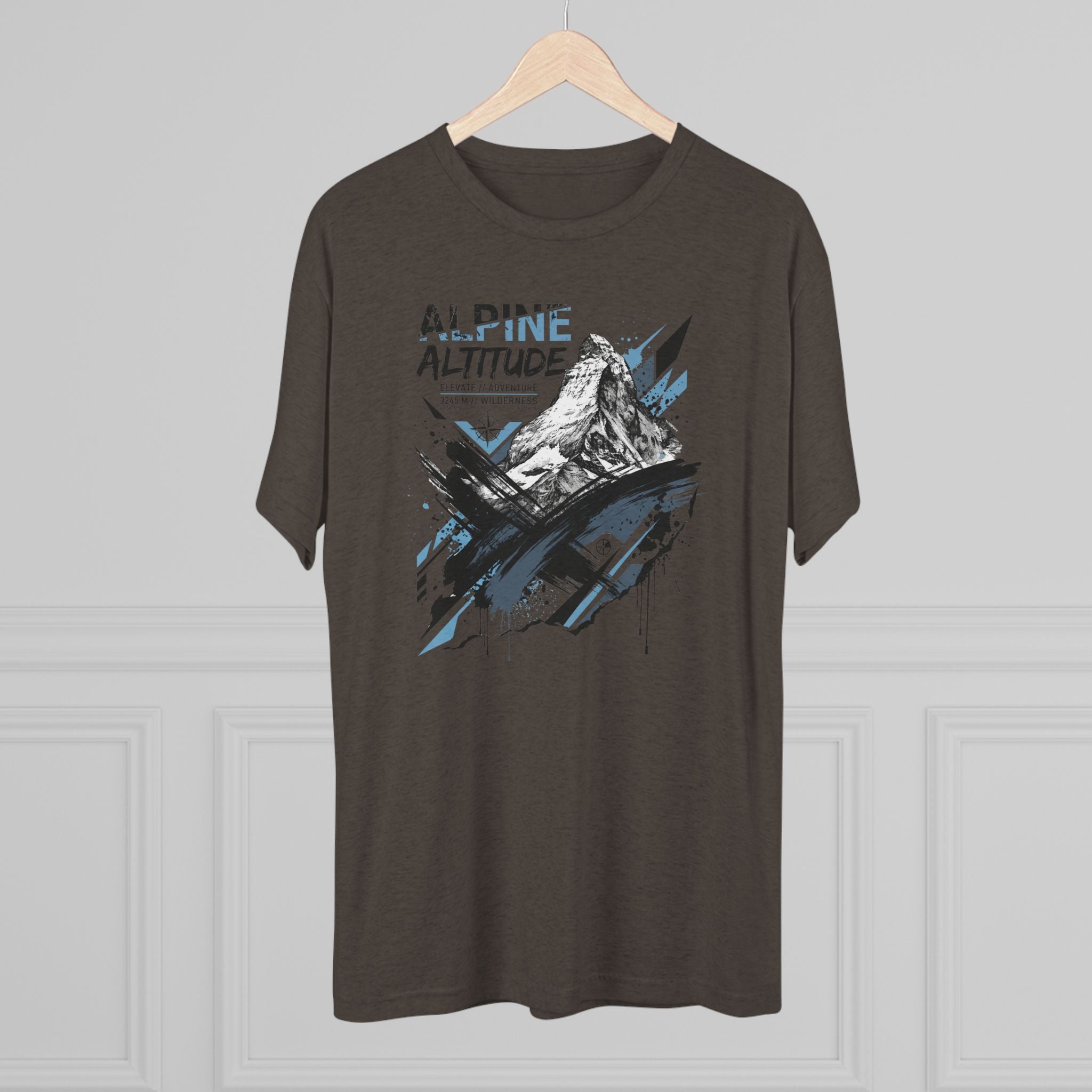 Dark brown crew-neck T-shirt with Alpine Altitude mountain peak graphic on front