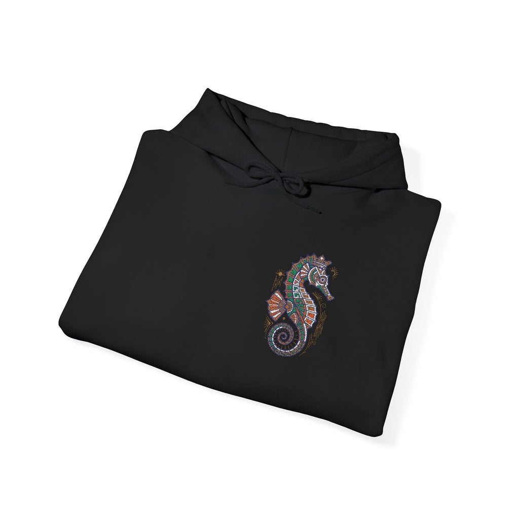 Black hoodie with seahorse graphic on chest and front kangaroo pocket