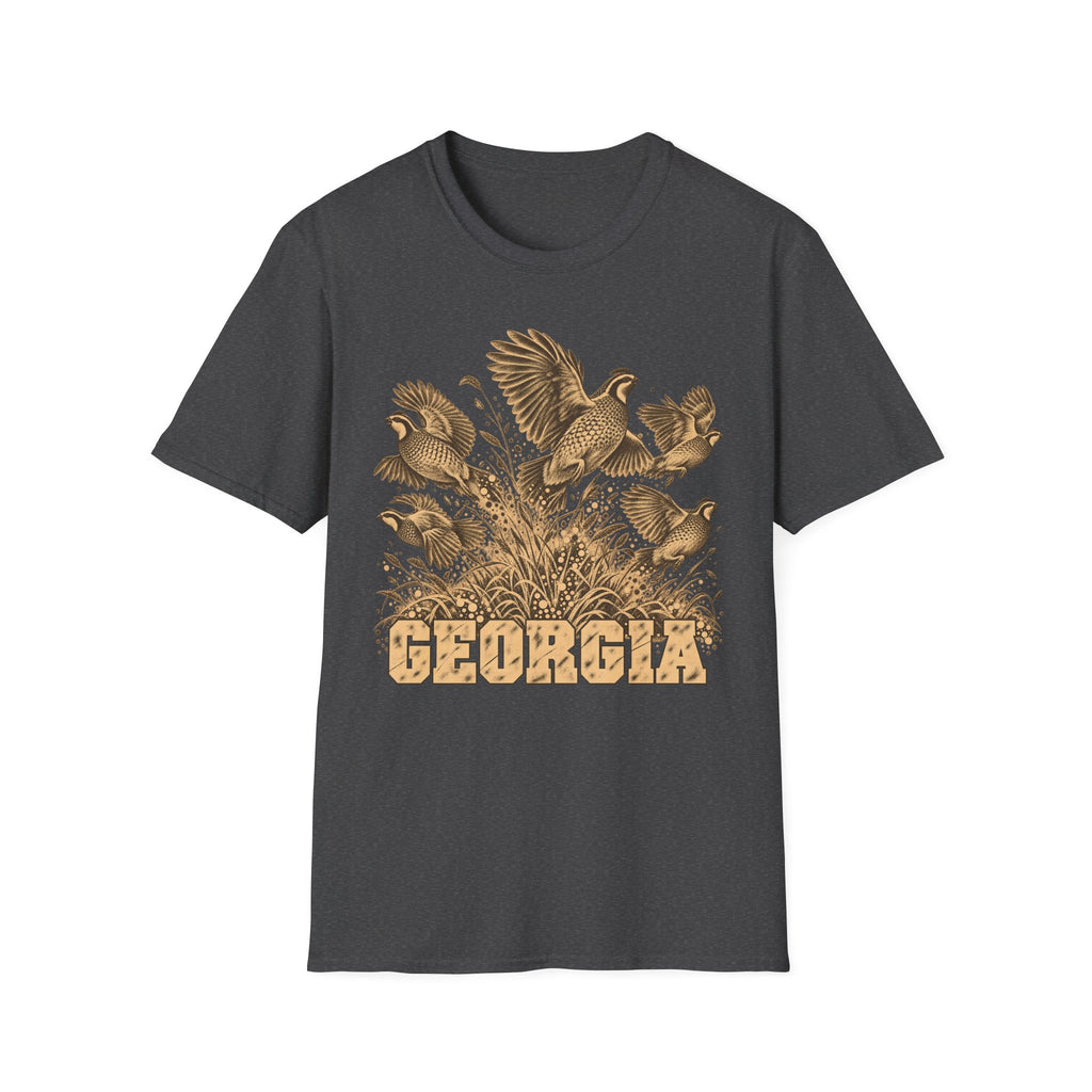 Dark heather gray crew-neck t-shirt with tall-grass bird graphic and GEORGIA text