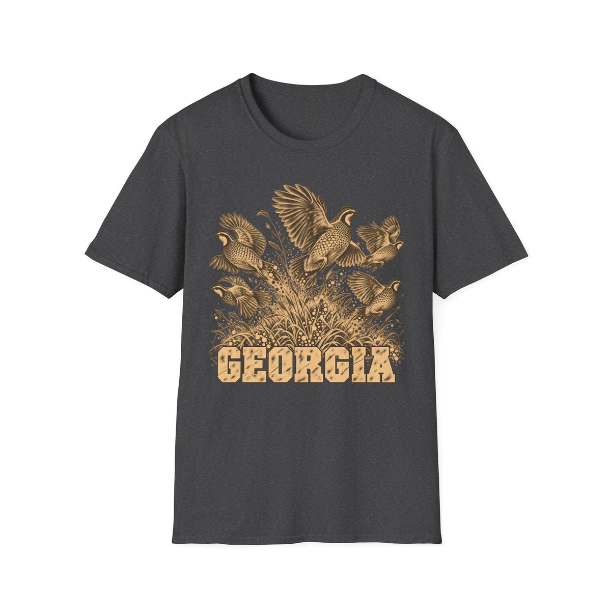 Dark heather gray crew-neck t-shirt with tall-grass bird graphic and GEORGIA text