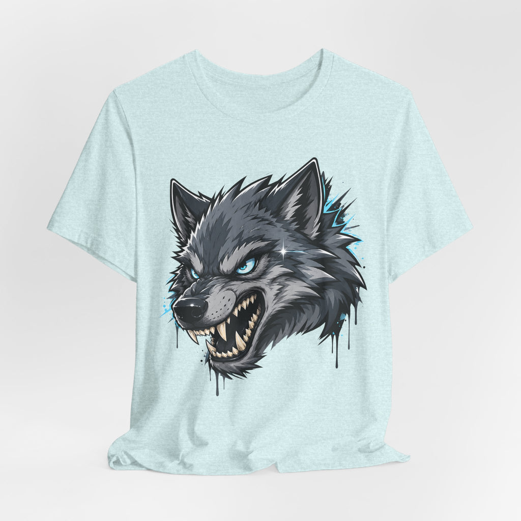 Light aqua short-sleeve t-shirt with snarling wolf head graphic and blue highlights