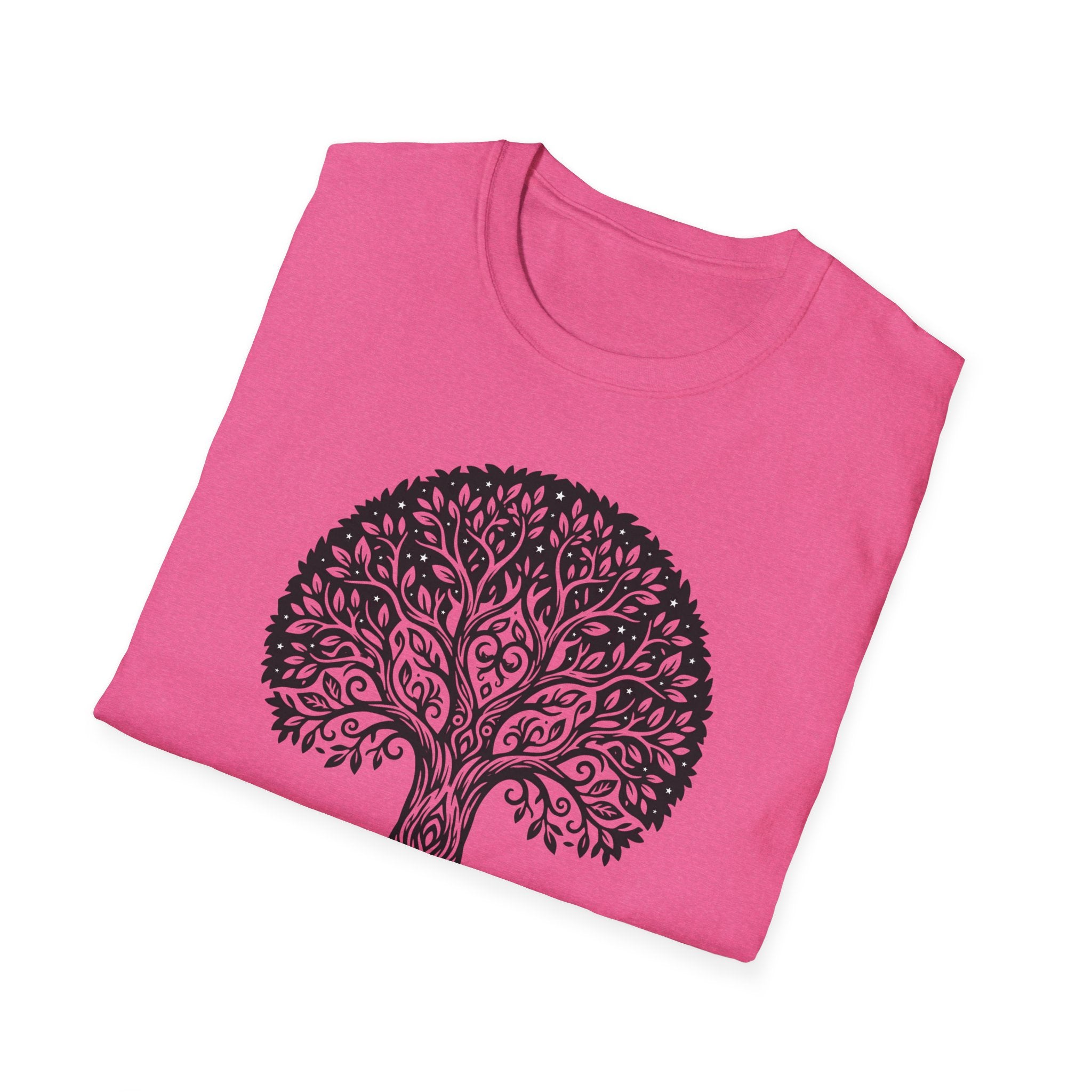 Pink t-shirt with black Tree of Life botanical graphic on front