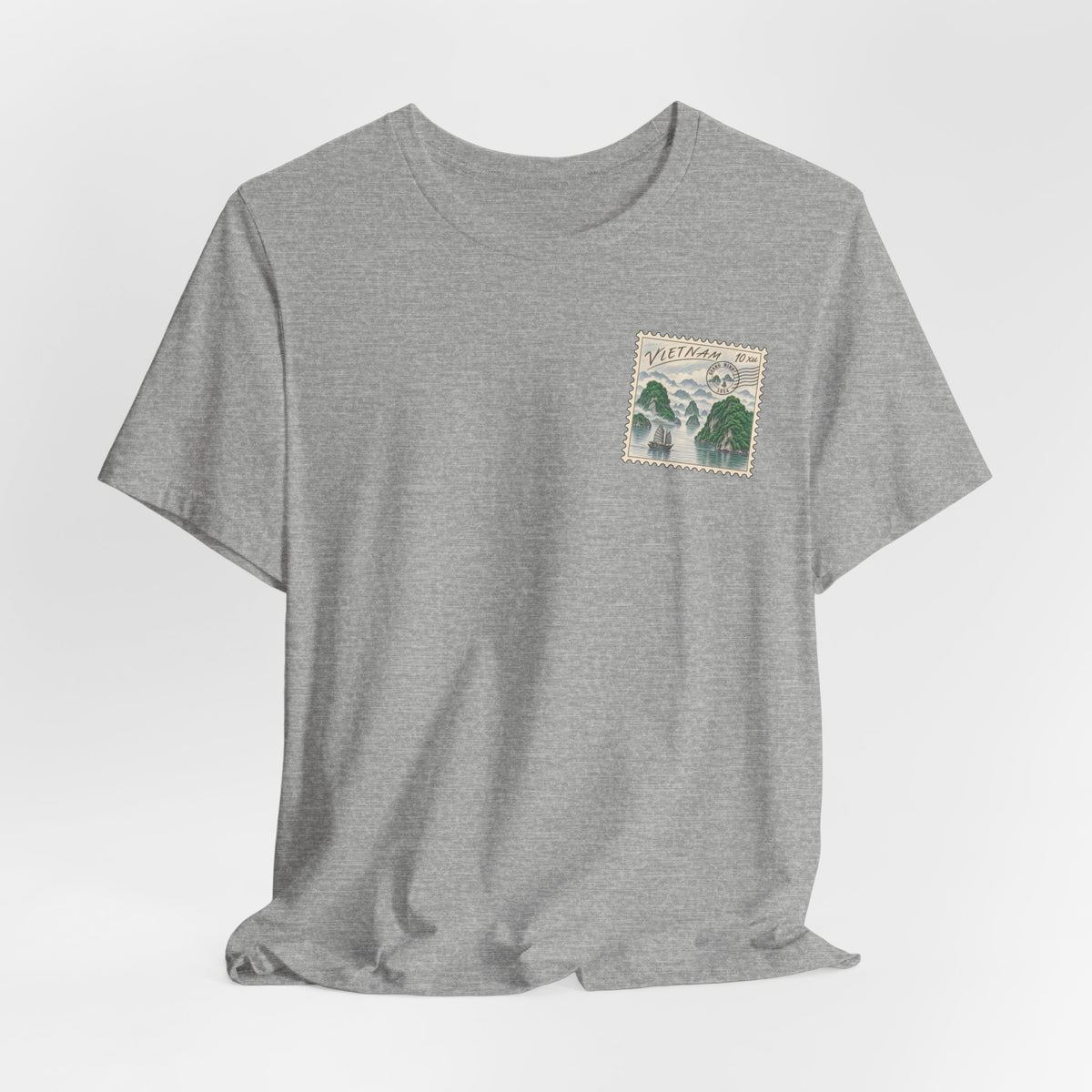 Heather gray crewneck T-shirt with Vietnam postage-stamp style chest graphic