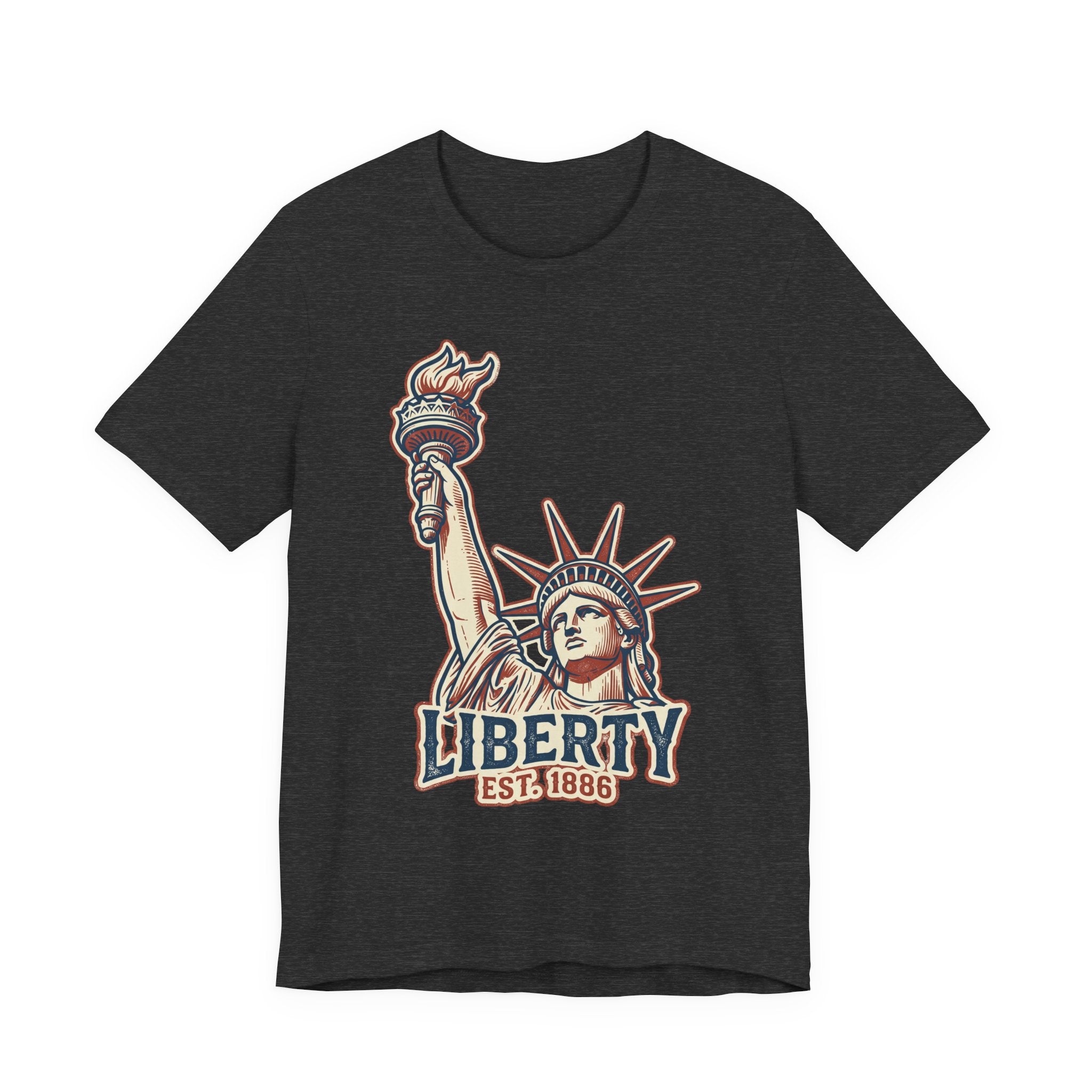 Dark charcoal crewneck graphic T-shirt with Statue of Liberty and “LIBERTY EST. 1886”