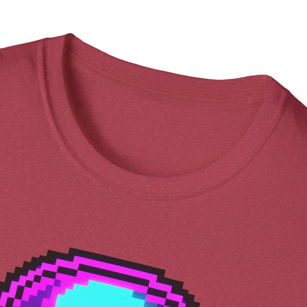 Maroon T-shirt neckline with partial neon pixel-skull graphic