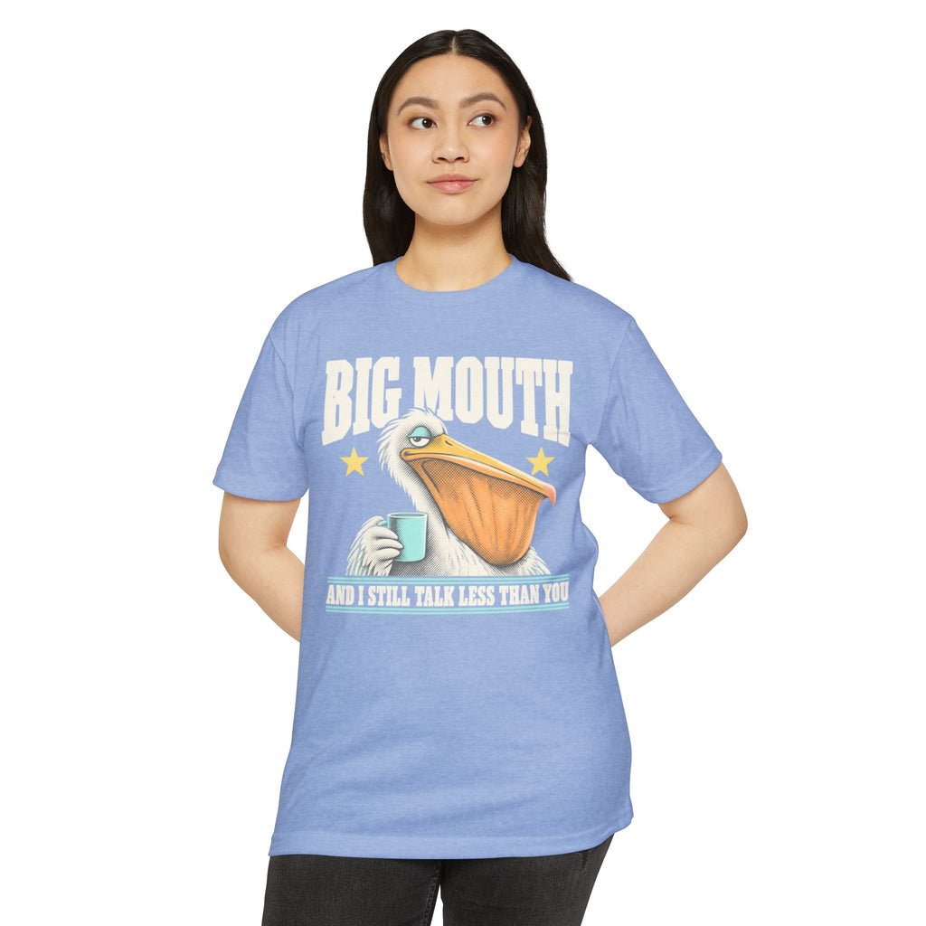 Light blue graphic T-shirt with pelican holding a coffee mug and “BIG MOUTH” text
