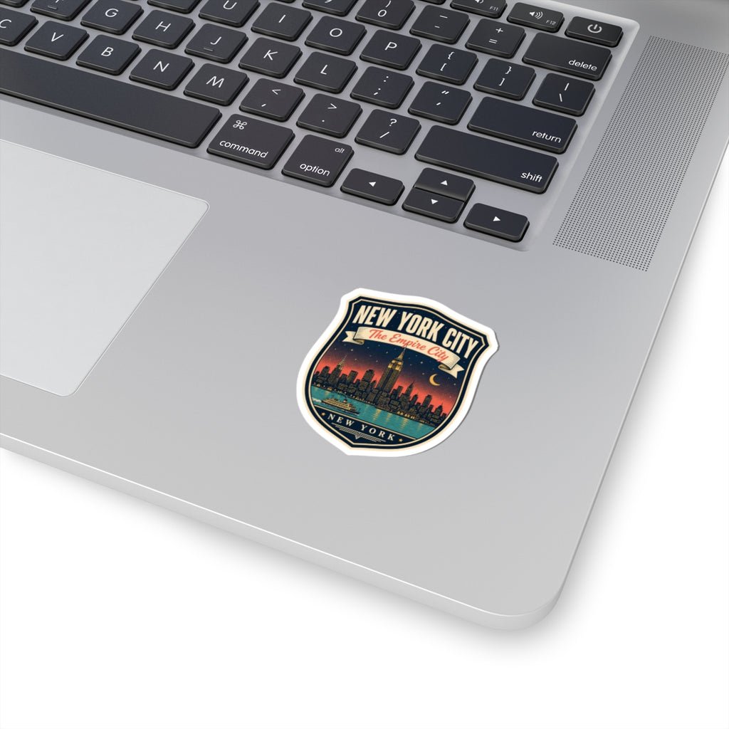 New York City luggage tag sticker decal with skyline, retro badge border