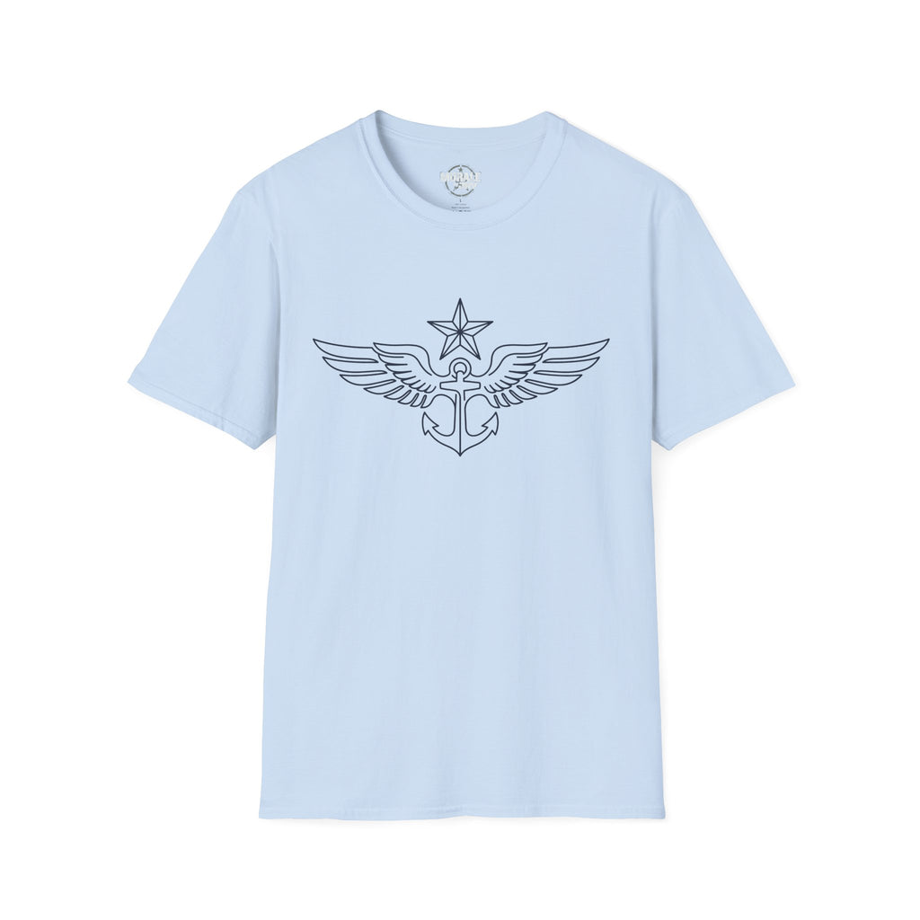 Light blue t-shirt with winged anchor emblem on the chest