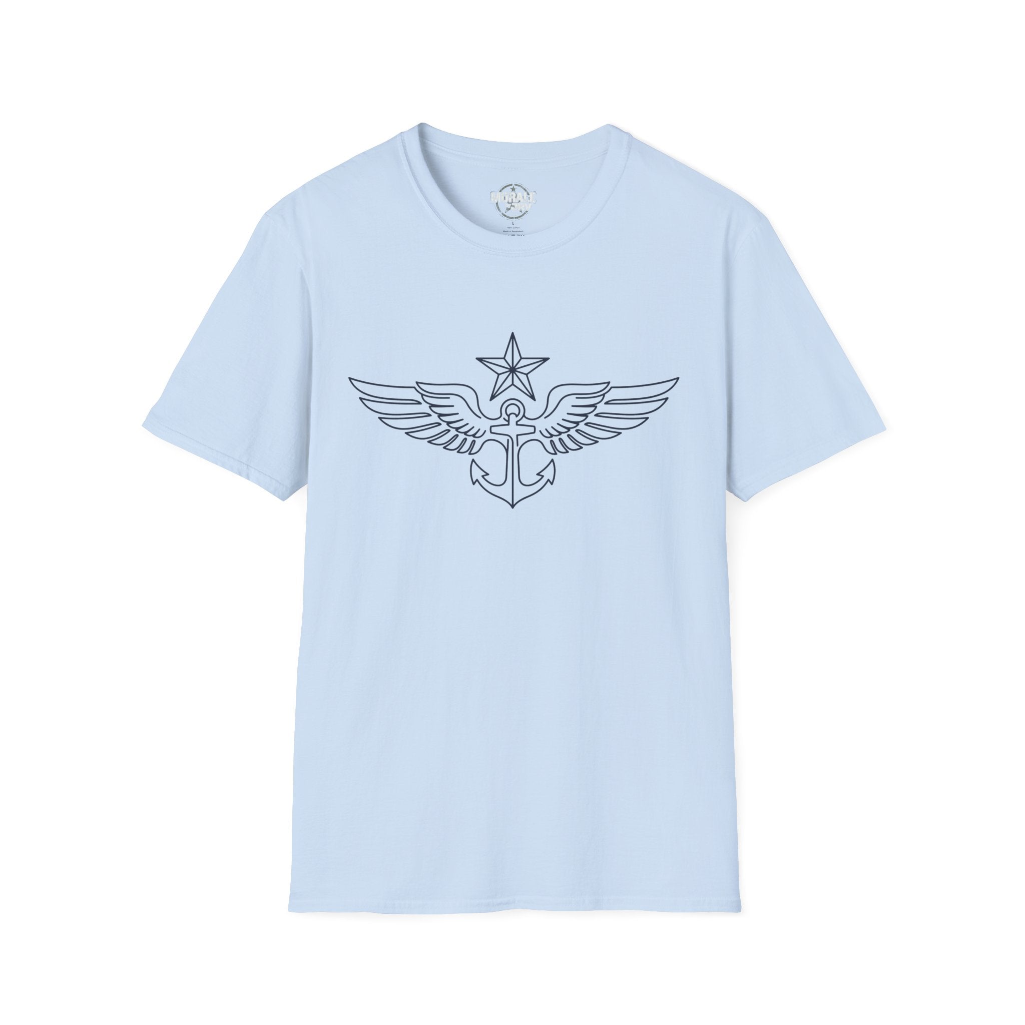 Light blue t-shirt with winged anchor emblem on the chest