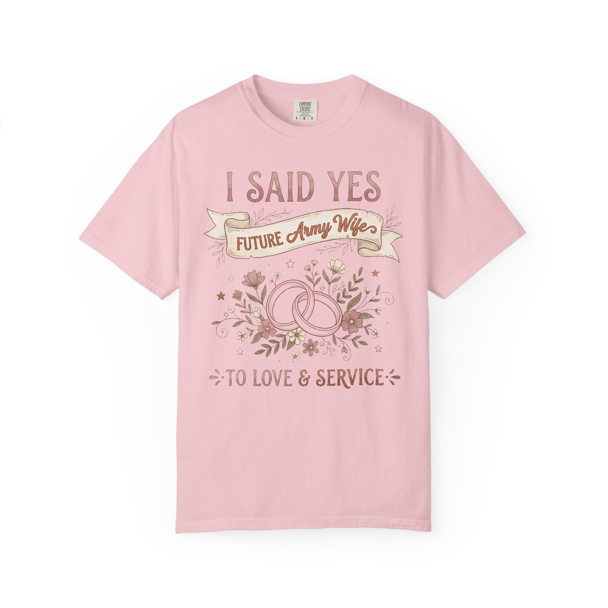 Pink T-shirt with 'I said yes' Future Army Wife graphic and ribbon text