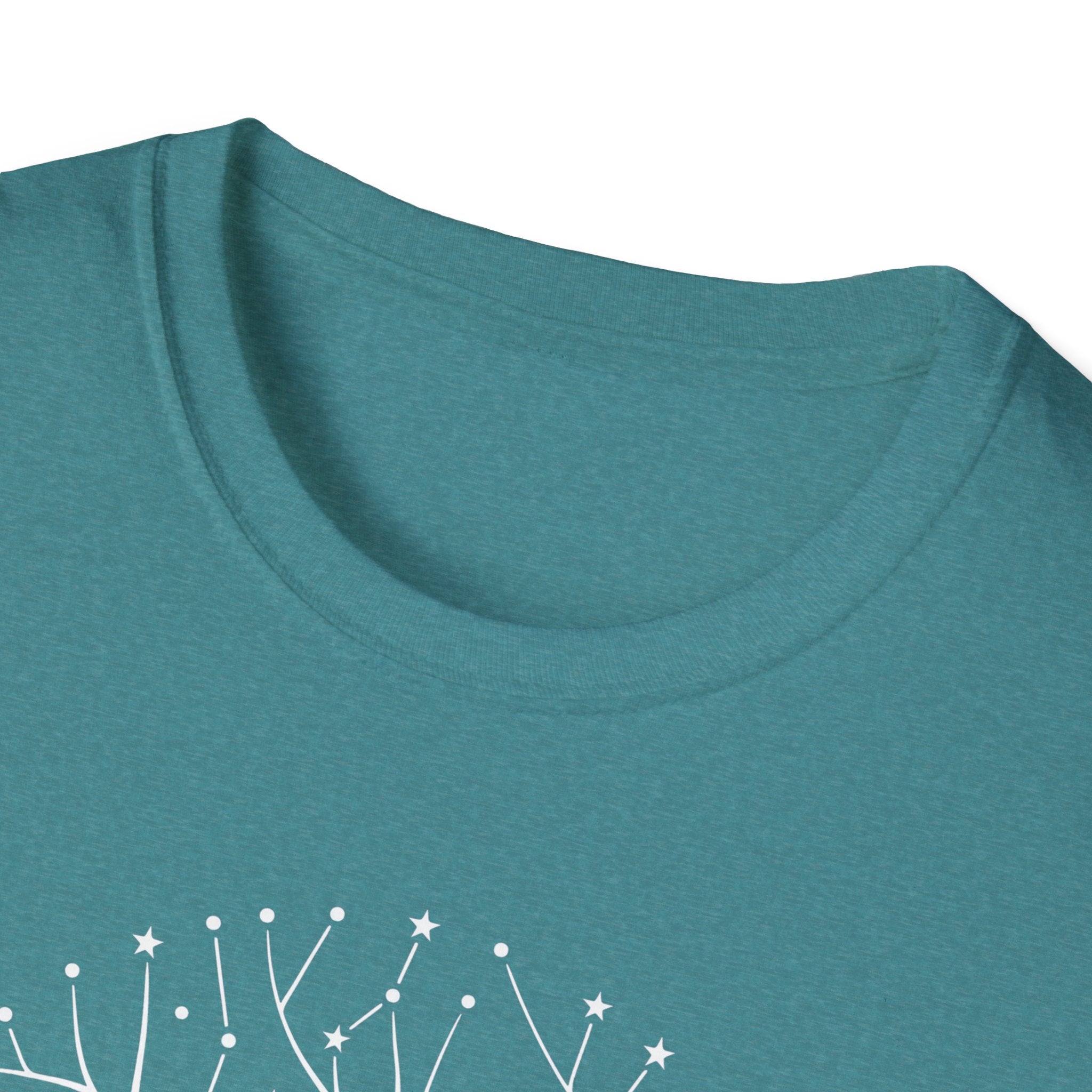Teal T-shirt neckline close-up with soft heather texture
