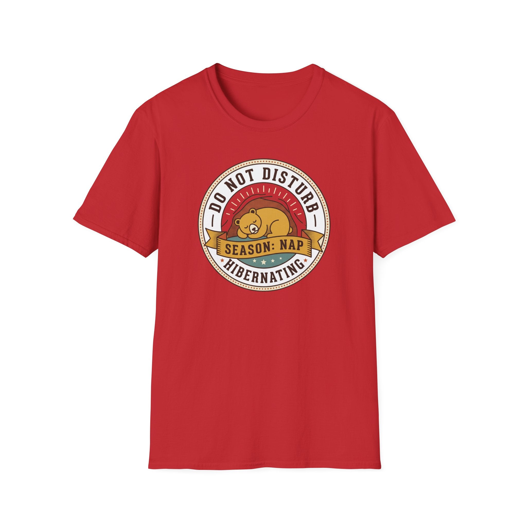 Red short-sleeve t-shirt with “Do Not Disturb” season nap bear emblem.