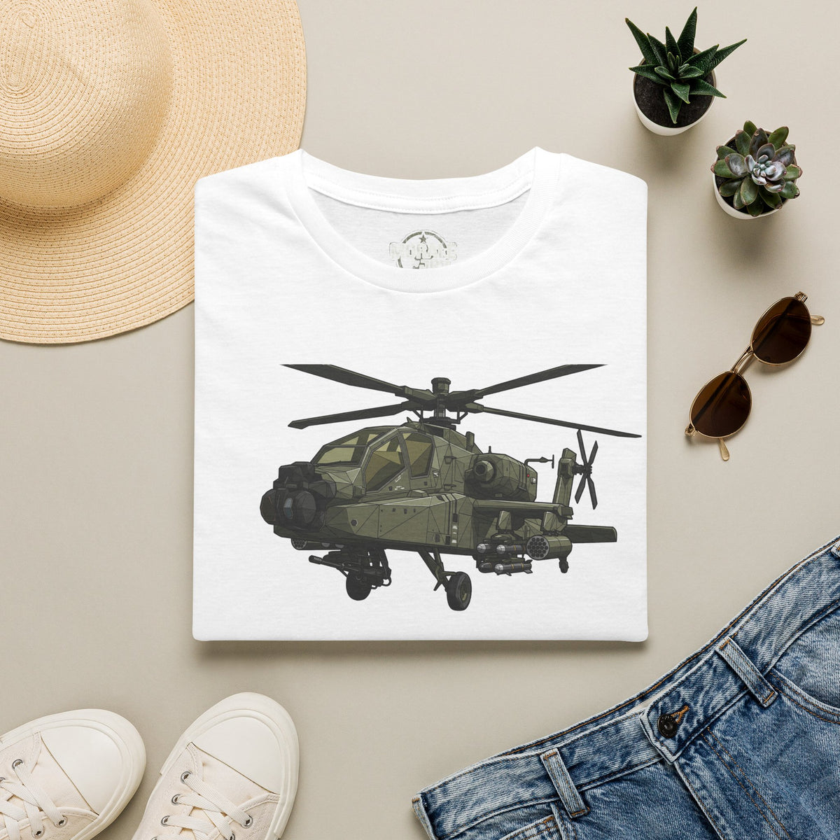White AH-64 Apache helicopter t-shirt with front graphic of military aircraft