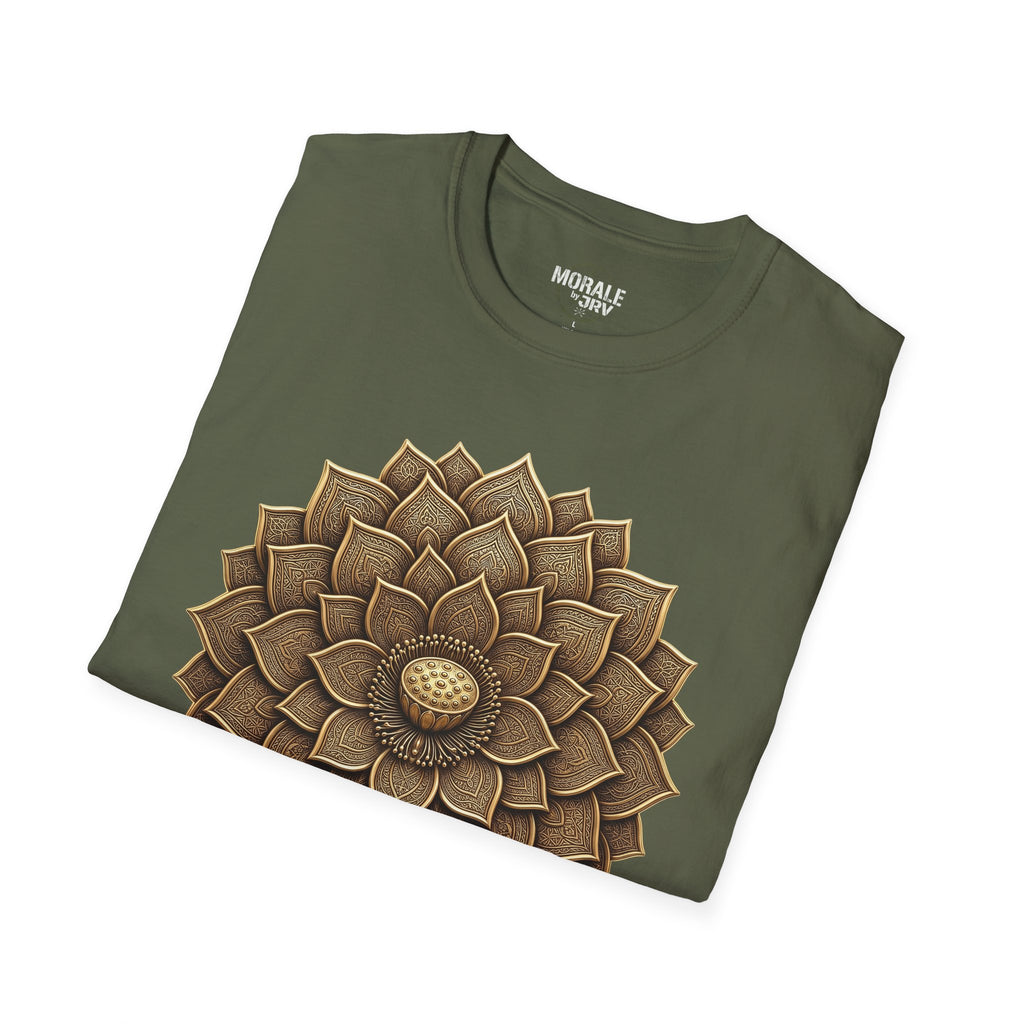 Olive green T-shirt with gold geometric flower mandala print