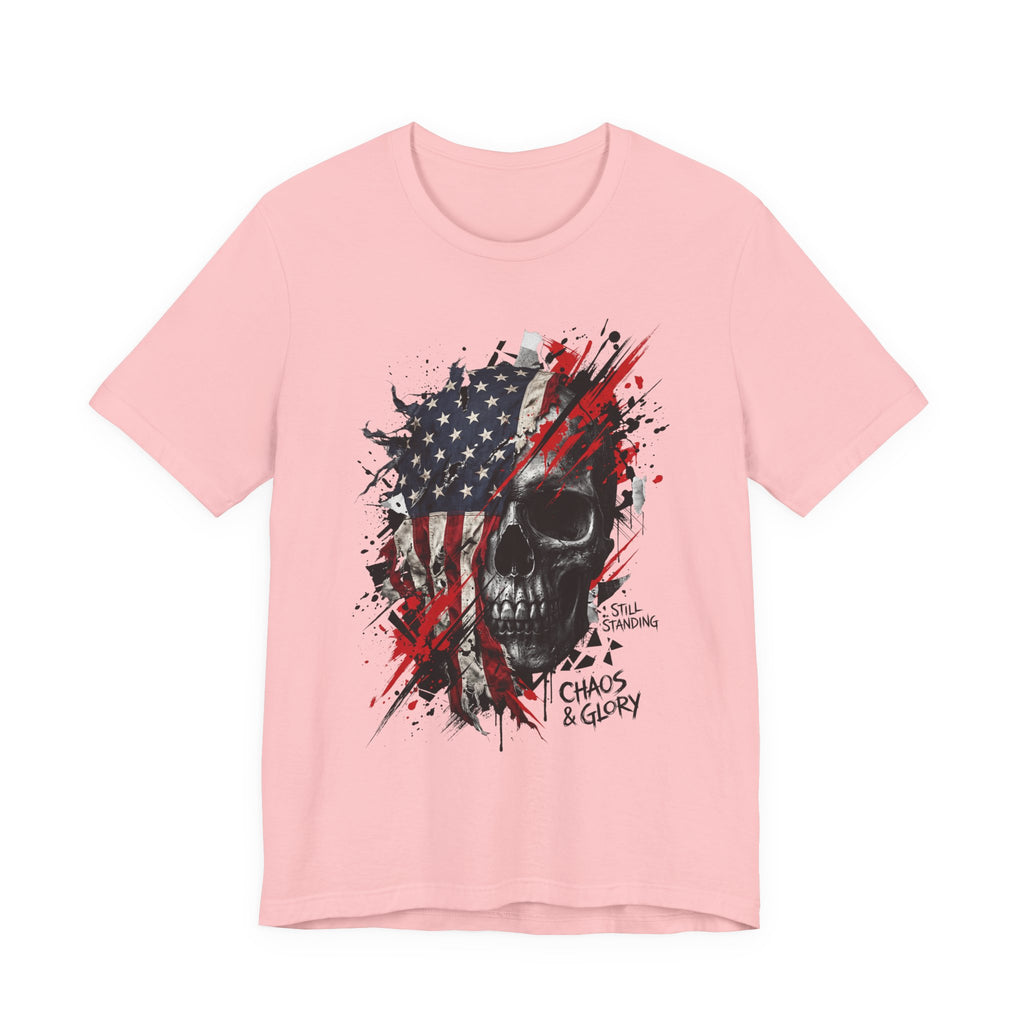 Light pink crewneck T-shirt with skull and American flag graphic on the chest