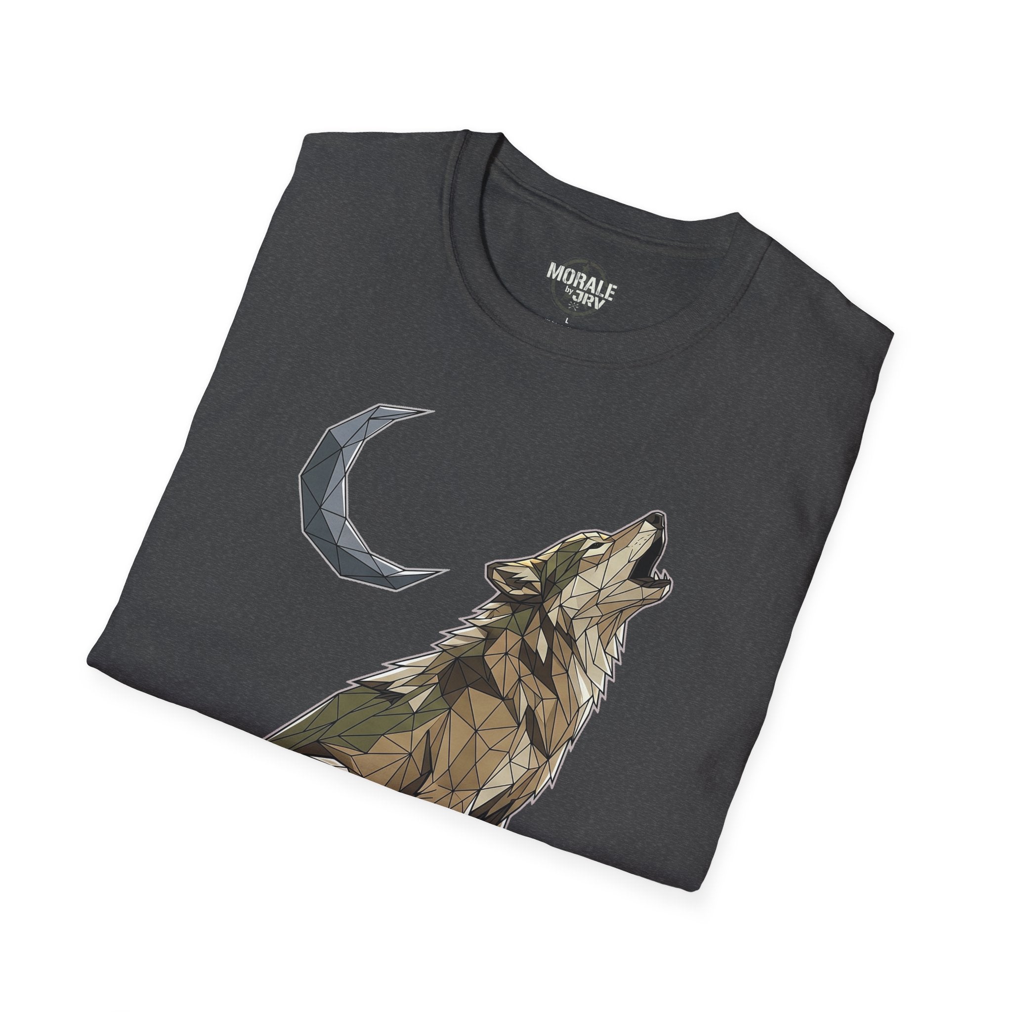 Dark charcoal T-shirt with polygon wolf howling and crescent moon graphic