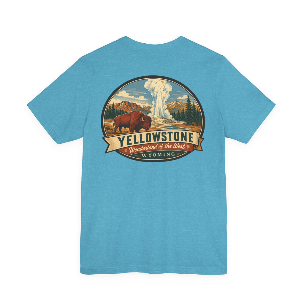 Aqua crewneck T-shirt with Yellowstone landscape graphic and Wyoming text