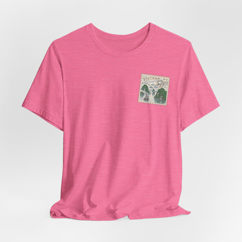 Pink travel t-shirt with small Vietnam postage-stamp style graphic on chest
