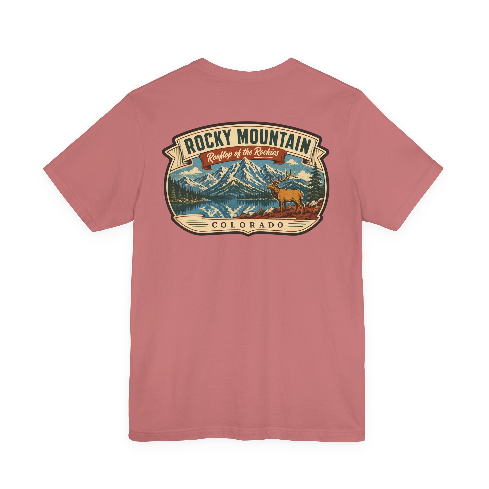 Dusty rose T-shirt with Rocky Mountain Colorado retro mountain and elk graphic on chest