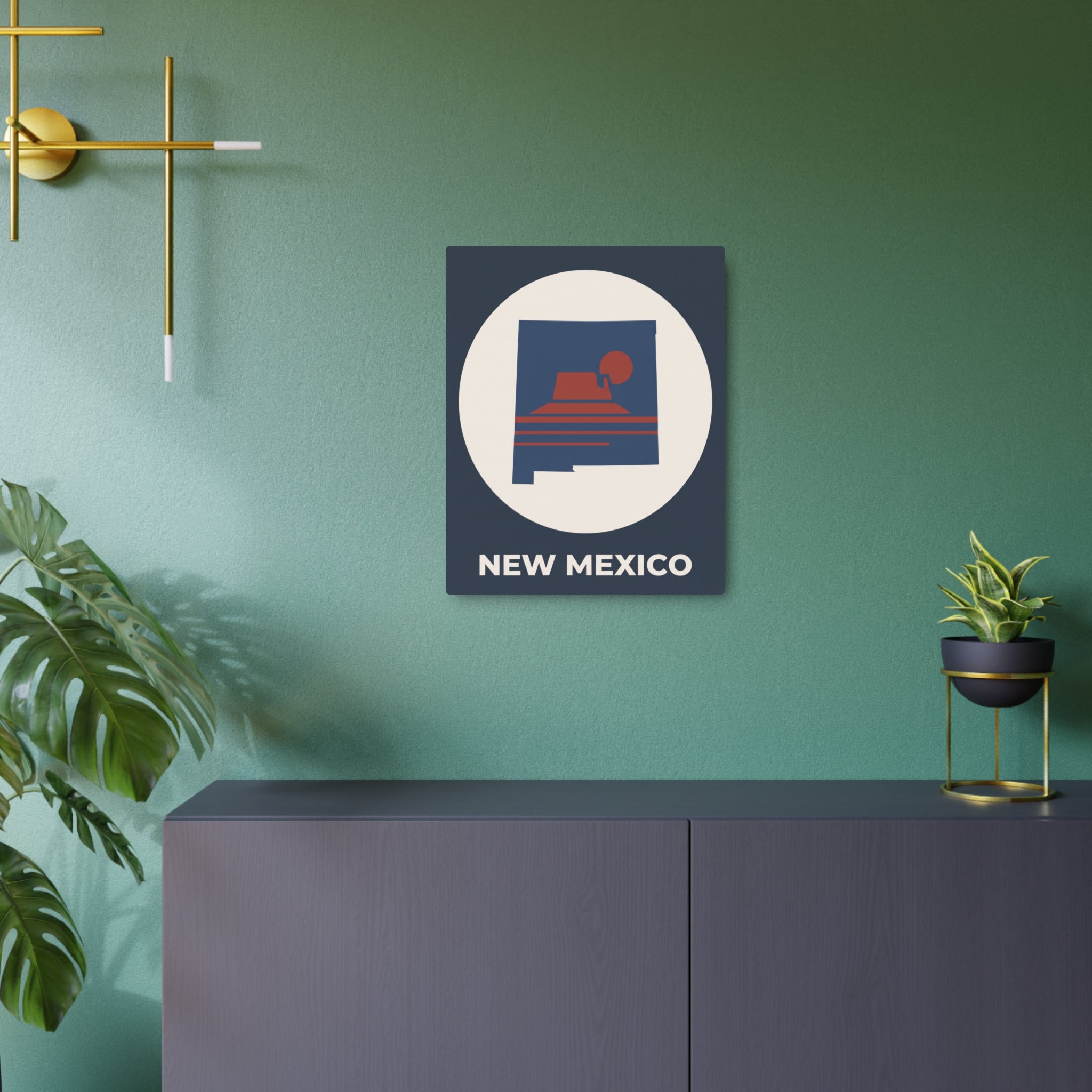 Dark blue metal wall sign with circular New Mexico scene, red sun over desert