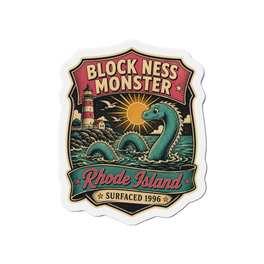 Die-cut magnet sticker, crest-shaped design with teal monster and Rhode Island lettering