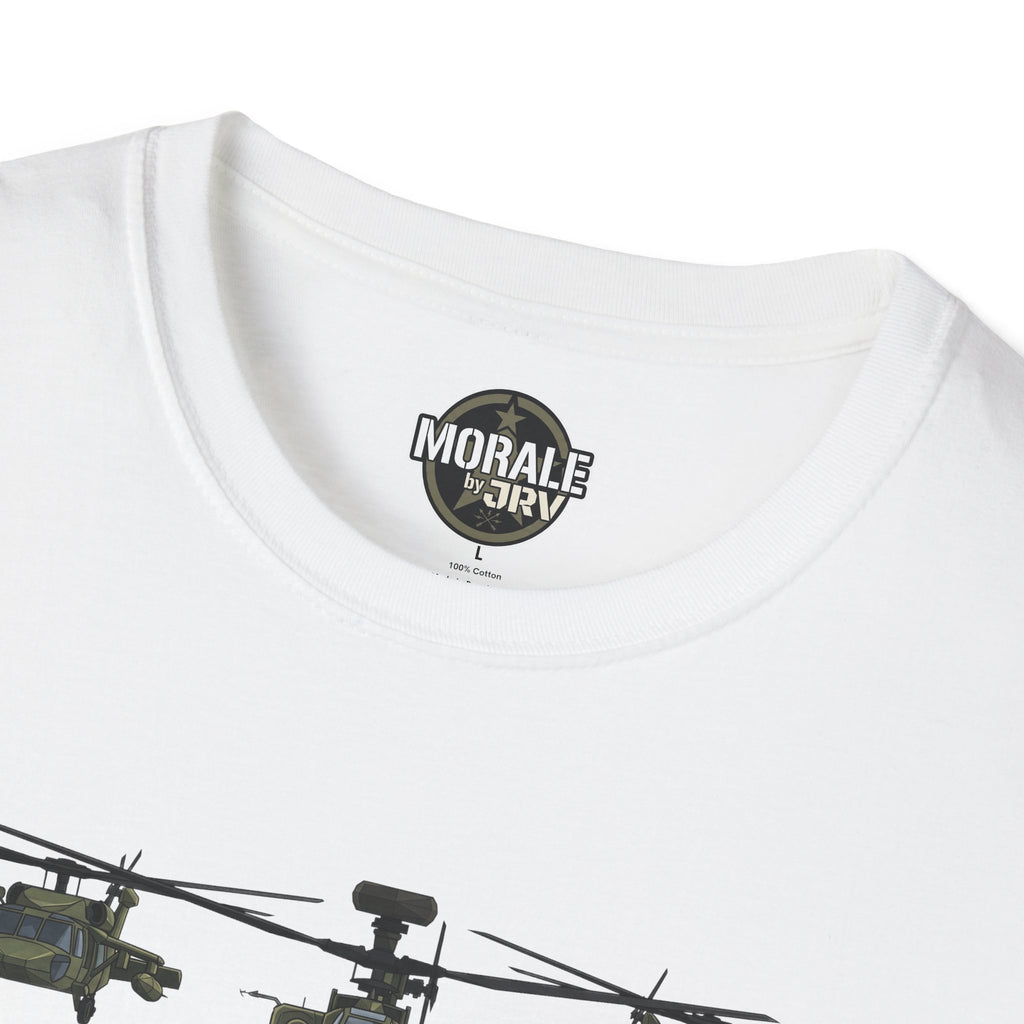 White T-shirt neckline with round "Morale" logo label
