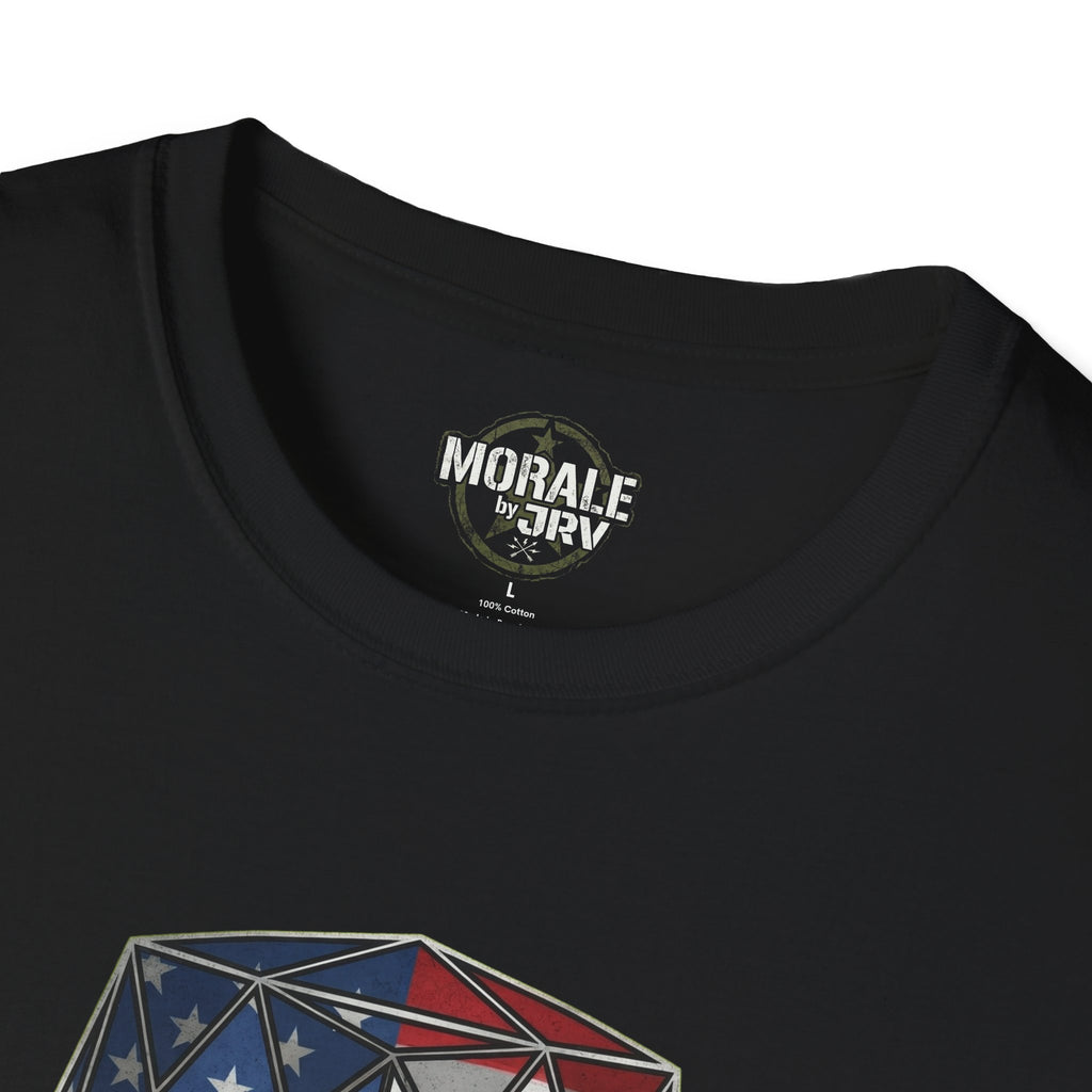 Black T-shirt collar area with small chest logo; partial helmet flag graphic below
