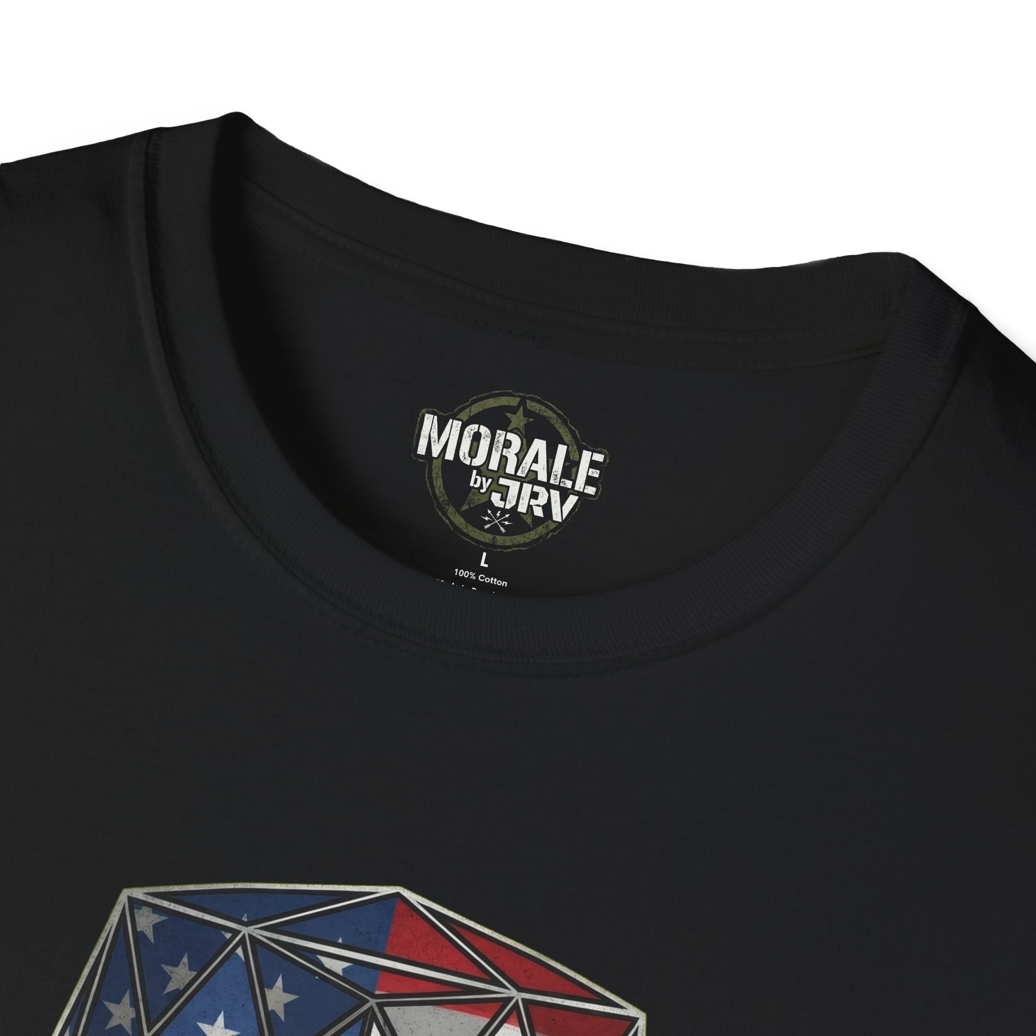 Black T-shirt collar area with small chest logo; partial helmet flag graphic below