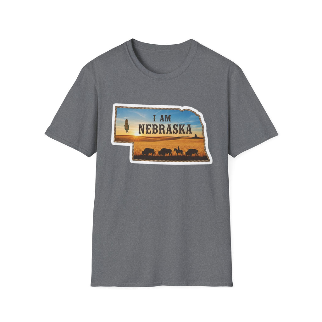 T-Shirt i am Nebraska, graphit; Nebraska-Silhouette mit Sonnenmotiv und Kühen vorn