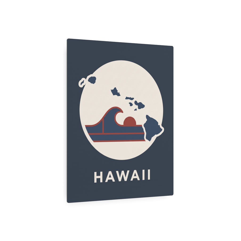 Dark blue Hawaii metal wall sign with circular island map, waves, and “HAWAII”