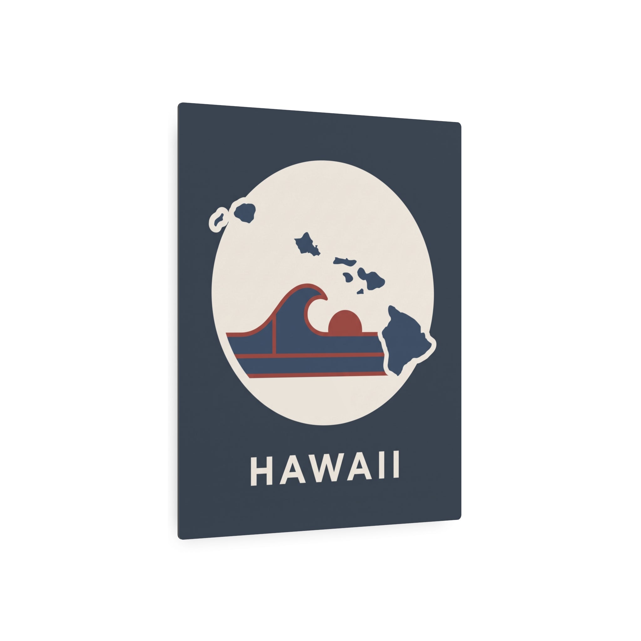 Dark blue Hawaii metal wall sign with circular island map, waves, and “HAWAII”