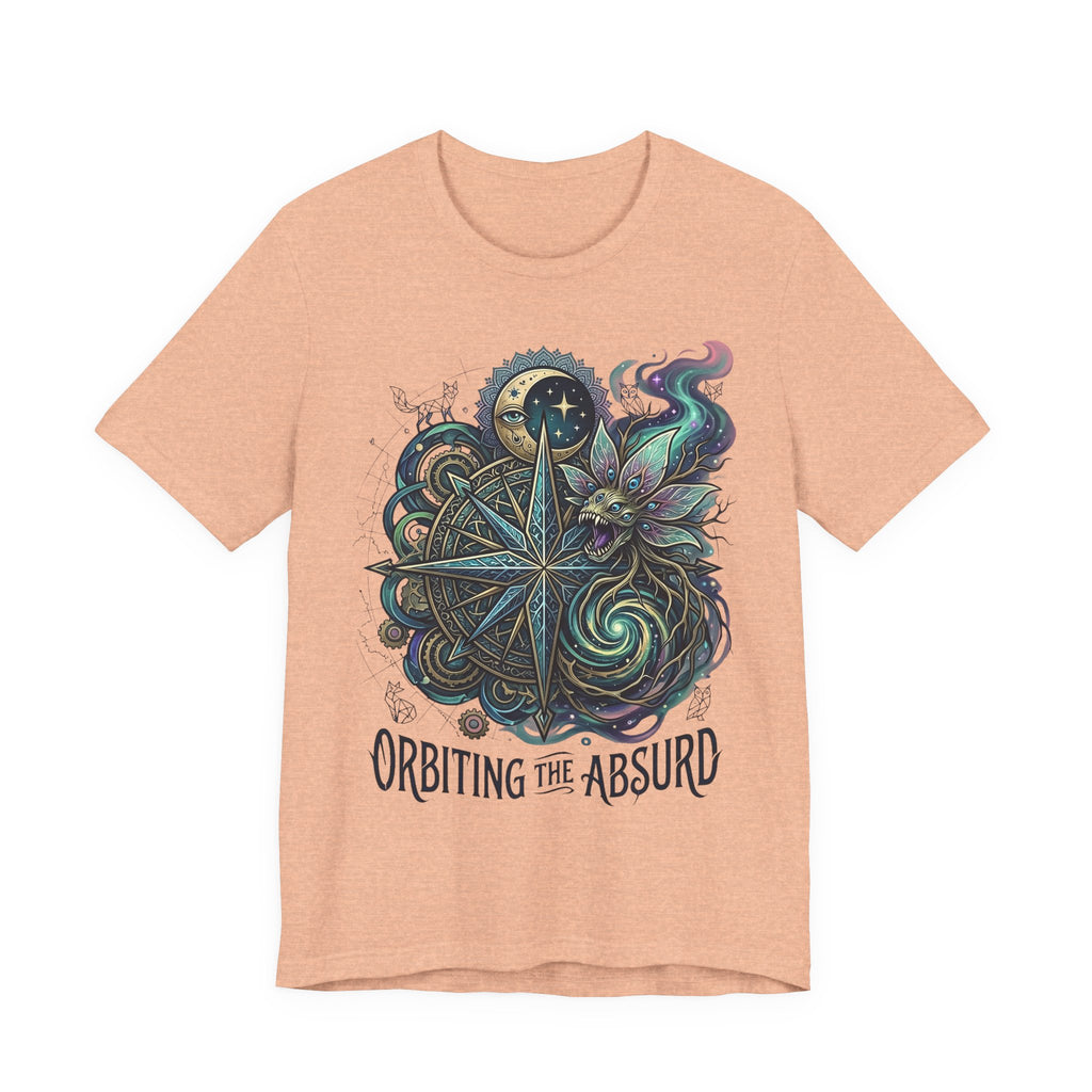 Heather peach unisex T-shirt with celestial compass and owl artwork, “Orbiting the Absurd”