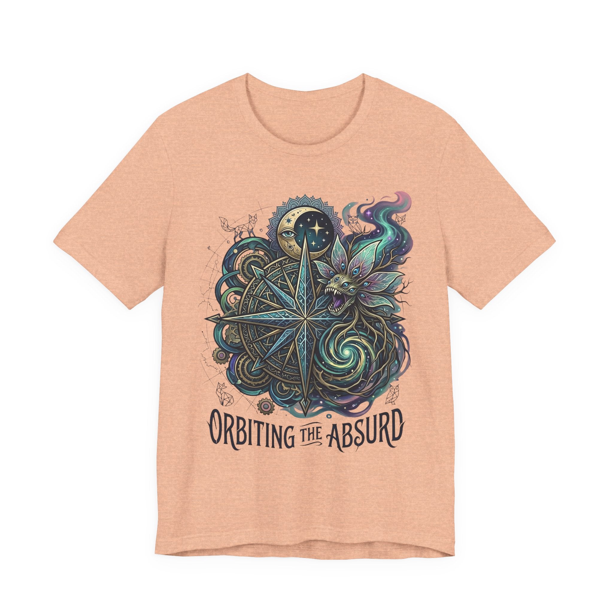 Heather peach unisex T-shirt with celestial compass and owl artwork, “Orbiting the Absurd”