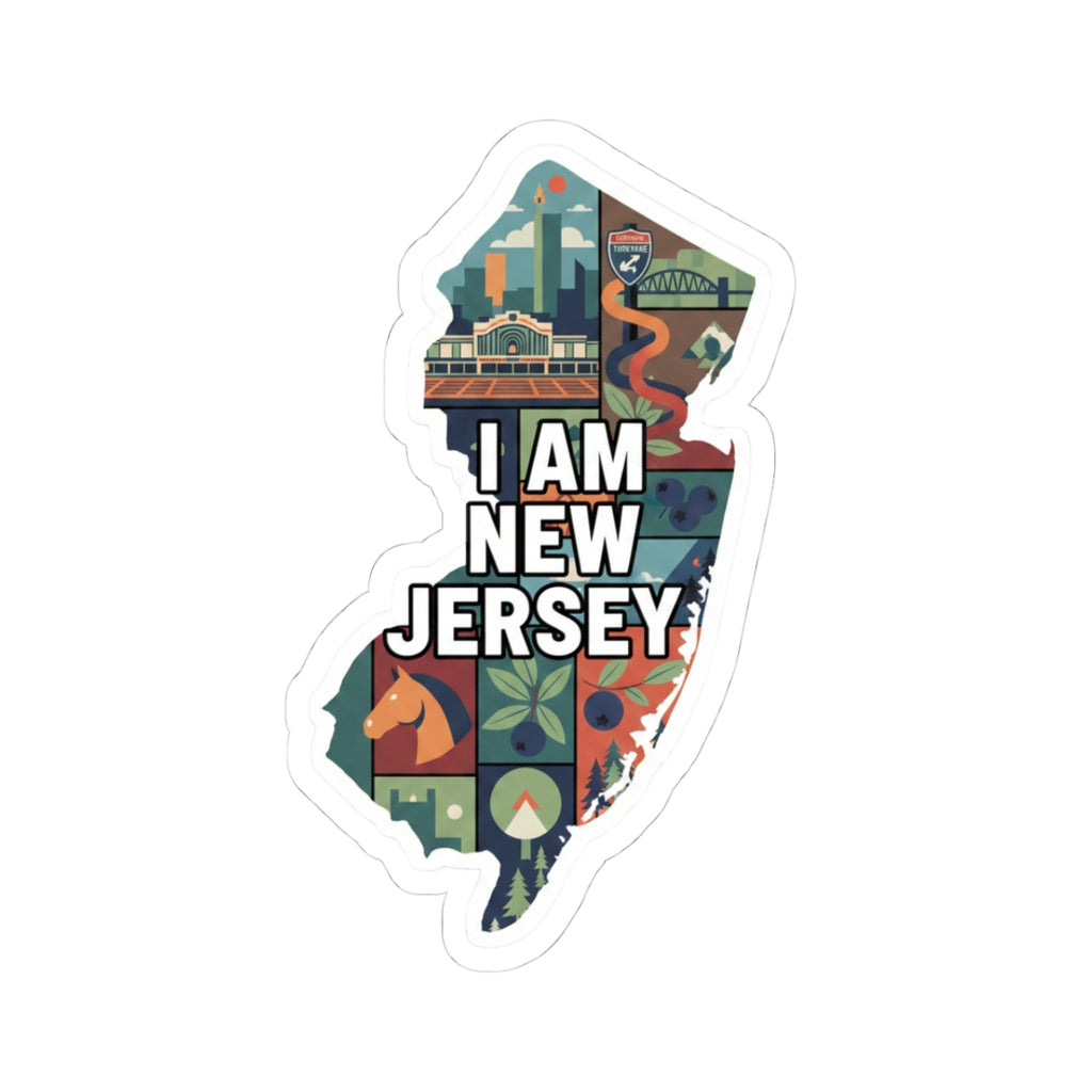 New Jersey sticker con borde blanco y texto “I AM NEW JERSEY” sobre mapa colorido