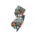 New Jersey sticker con borde blanco y texto “I AM NEW JERSEY” sobre mapa colorido