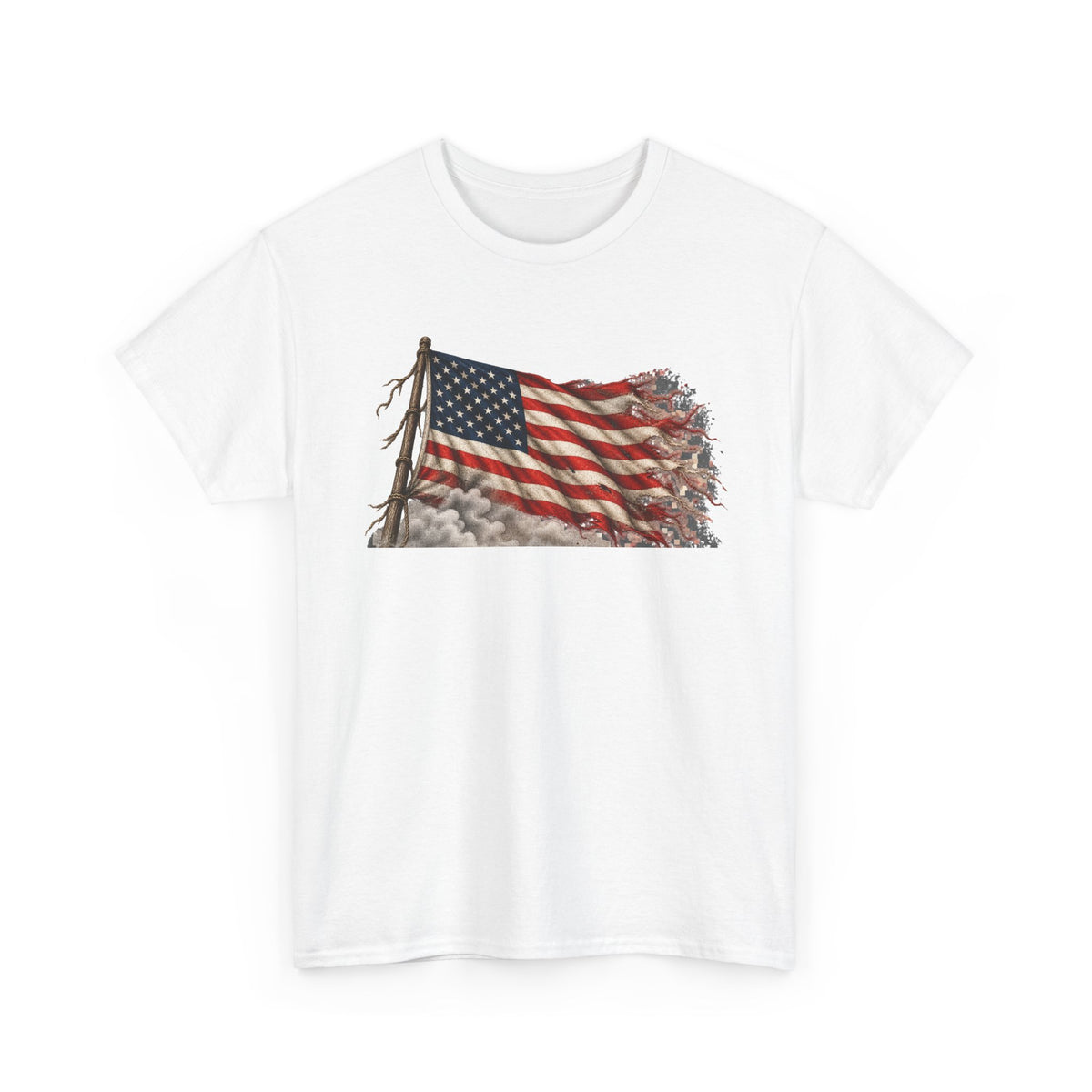 White short-sleeve crewneck T-shirt with weathered waving American flag graphic