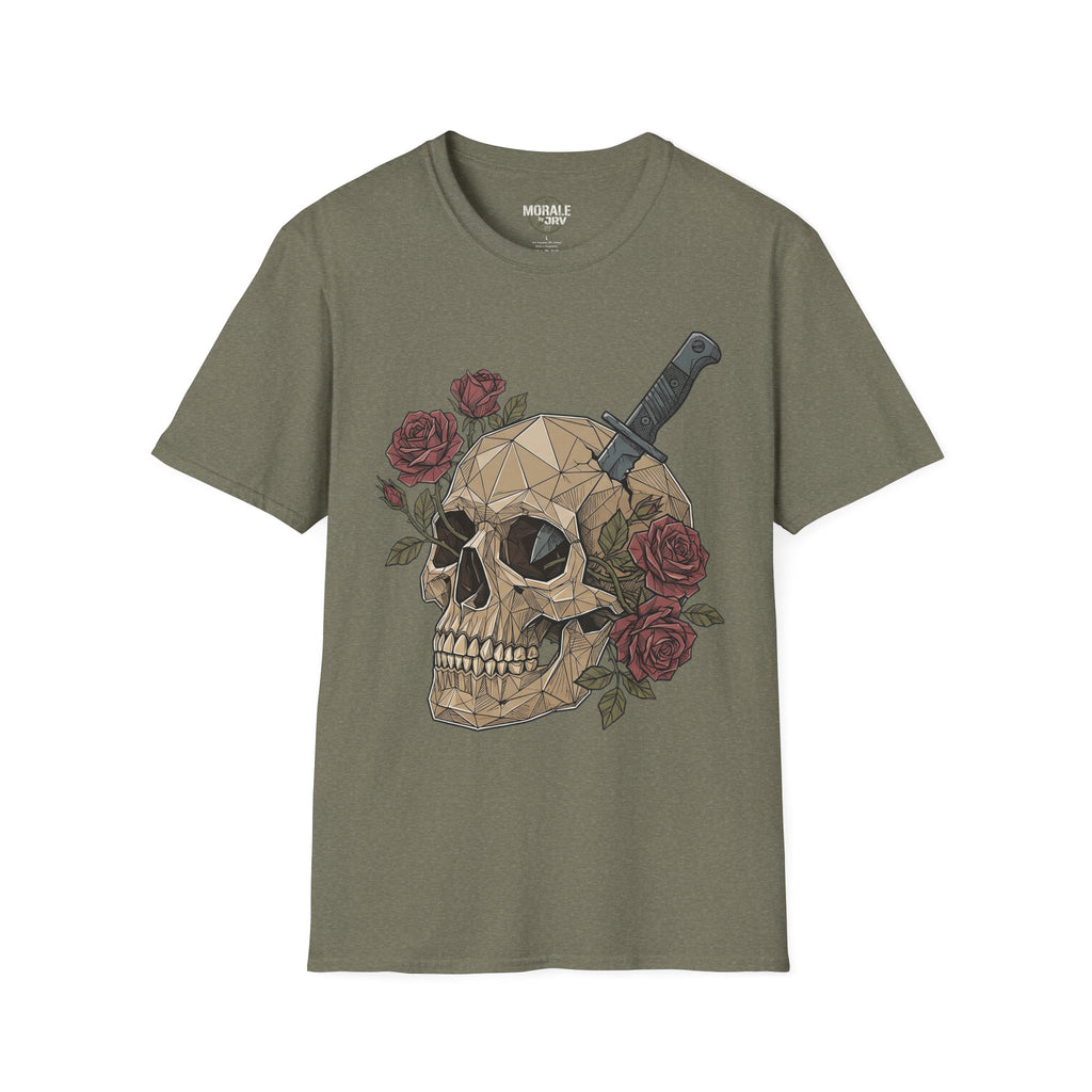Olive green graphic T-shirt with geometric skull, dagger and red roses