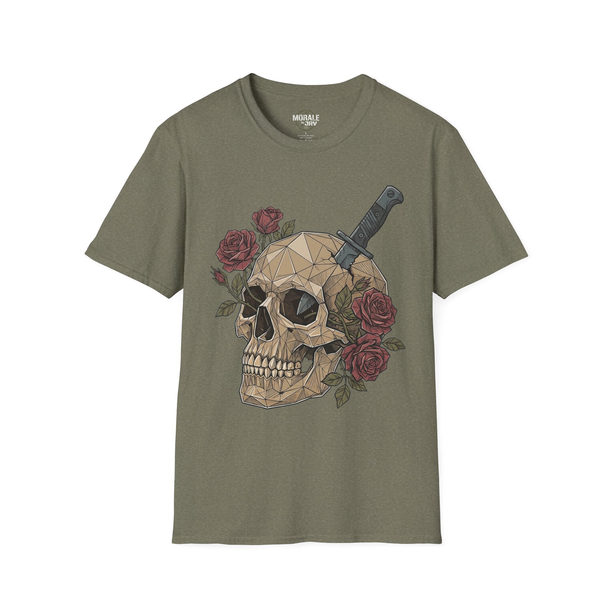 Olive green graphic T-shirt with geometric skull, dagger and red roses