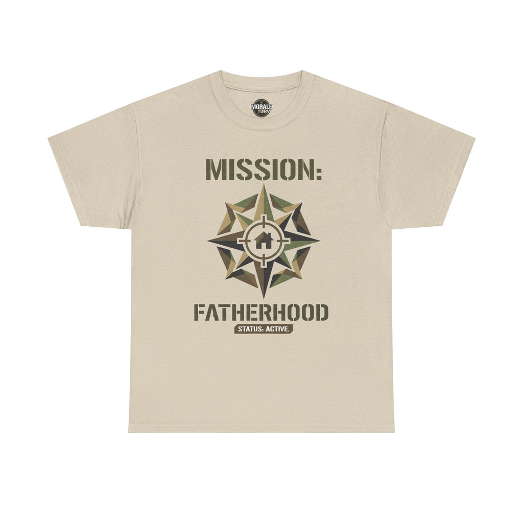 Sand beige crew-neck graphic T-shirt with compass-style star badge and “Mission: Fatherhood” text