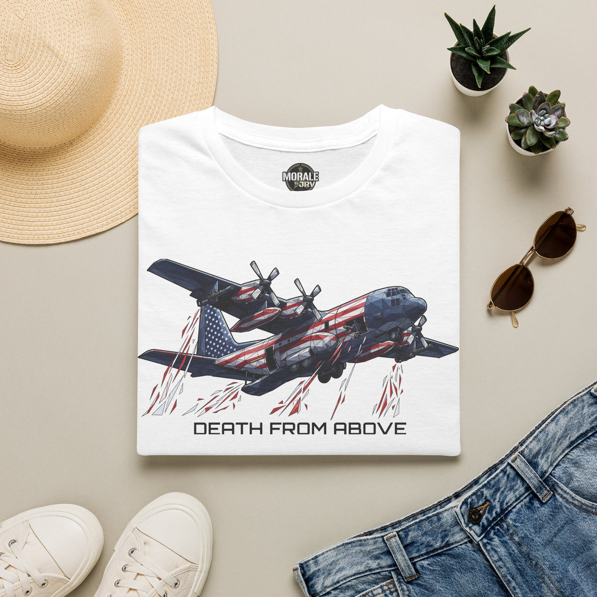 White C-130 airplane graphic t-shirt with “DEATH FROM ABOVE” front print