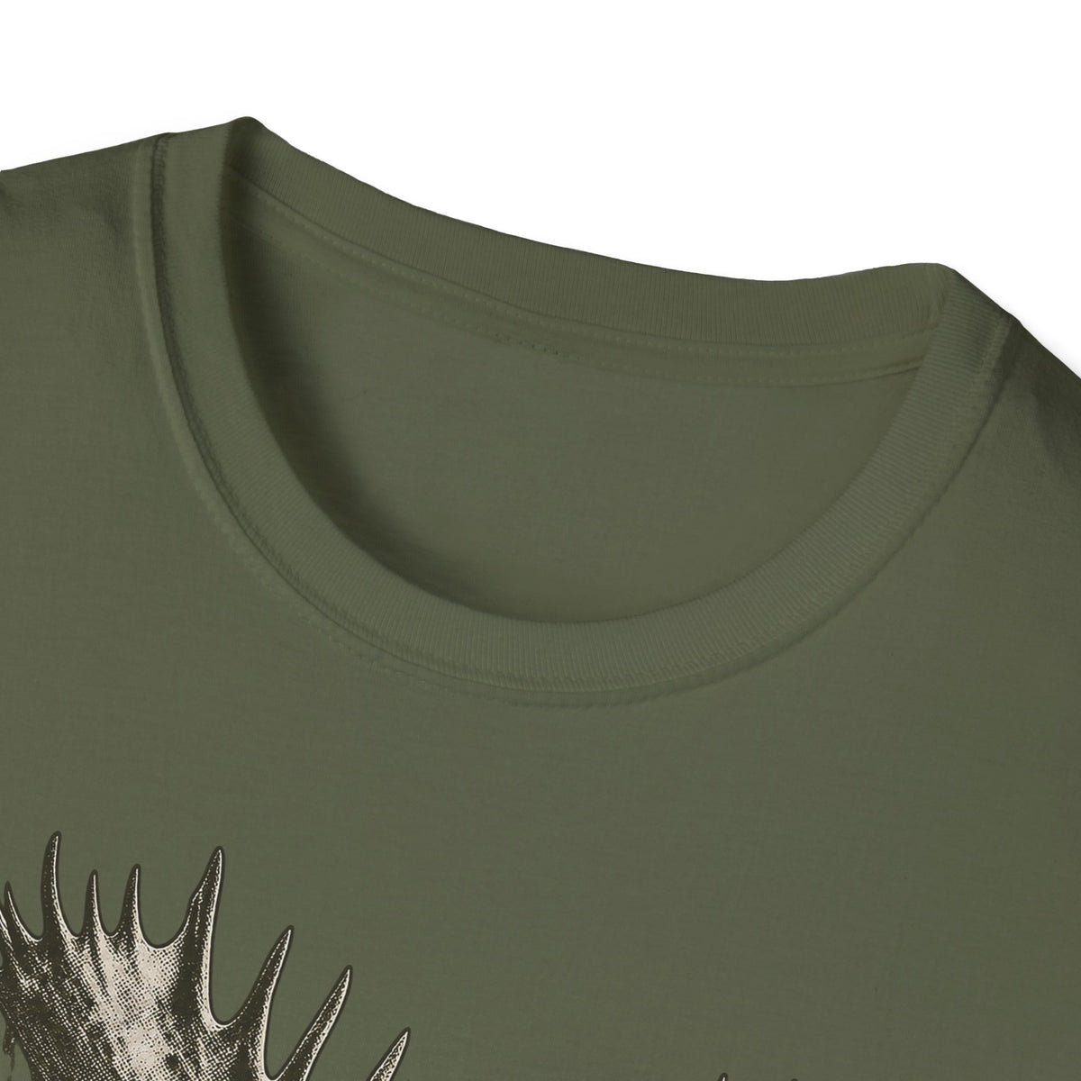 Dark green moose graphic T-shirt, crew neck and partial antlers print visible