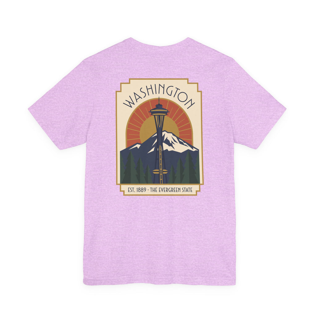 Lilac heather t-shirt with Washington Space Needle art deco graphic on front