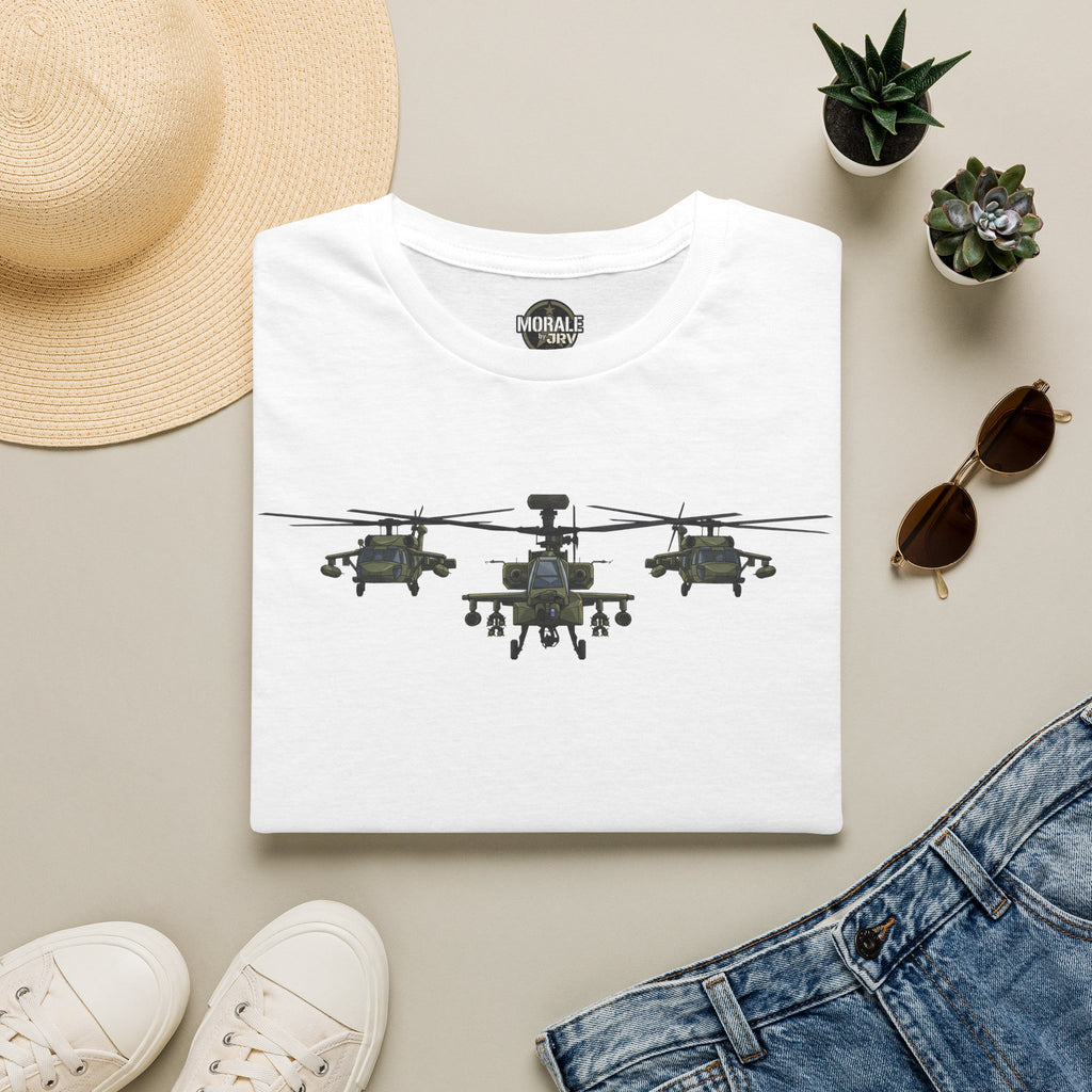 White crewneck t-shirt with three green helicopter front graphic