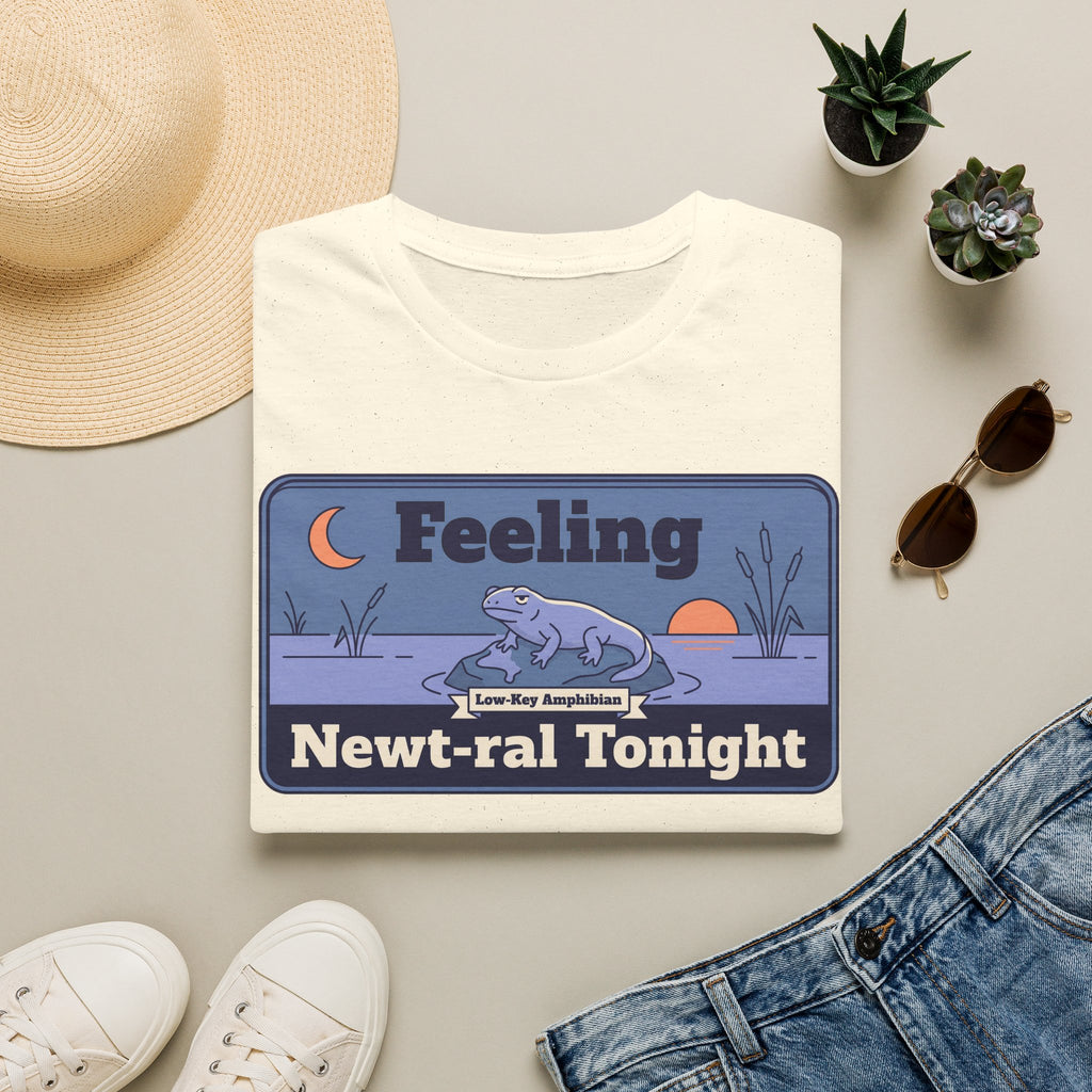 White T-shirt with cartoon newt and moon graphic, 'Feeling Newt-ral Tonight' text