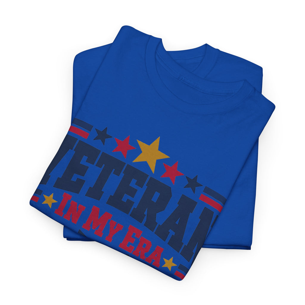 Blue T-shirt with patriotic star and striped graphic print across the chest