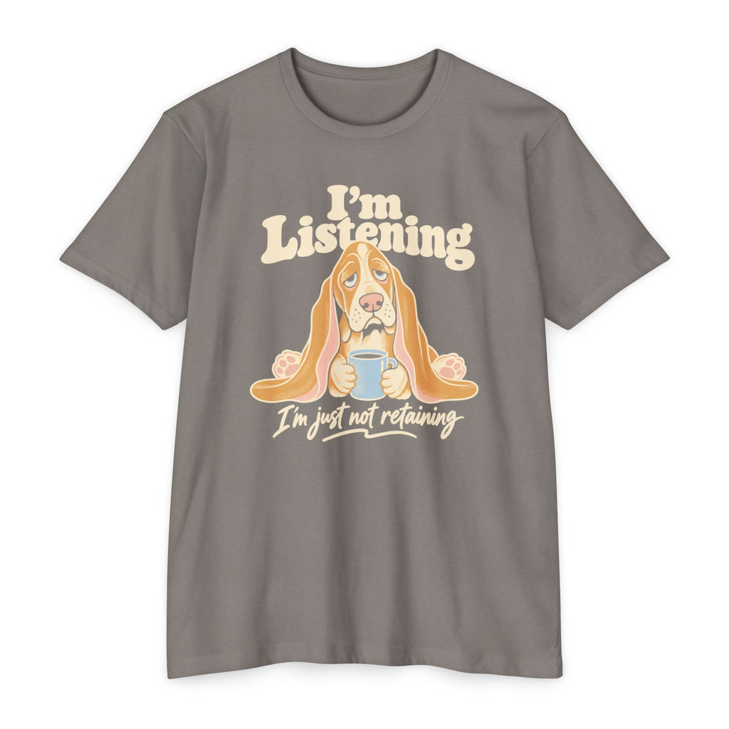 Gray T-shirt with basset hound "I'm Listening" front print