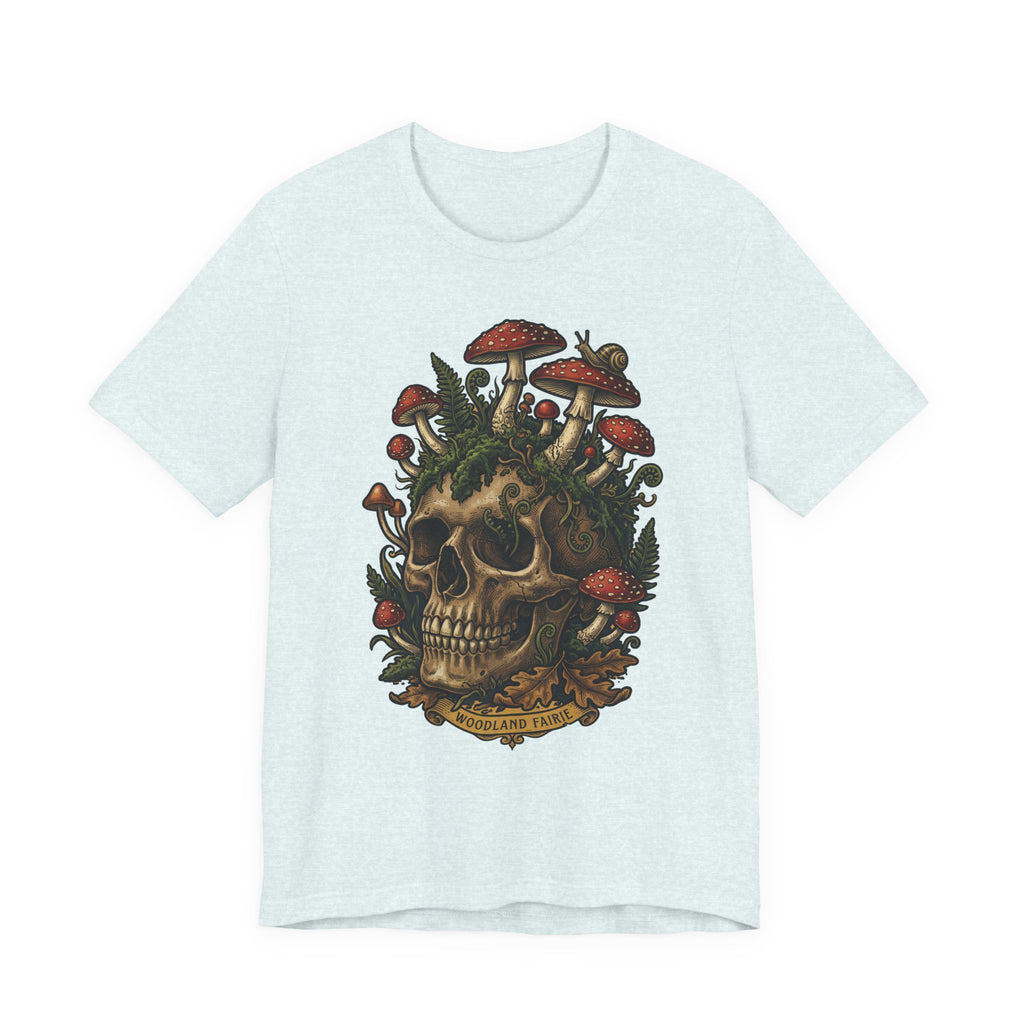 Mushroom skull T-shirt in Heather Aqua with dark botanical skull and mushrooms