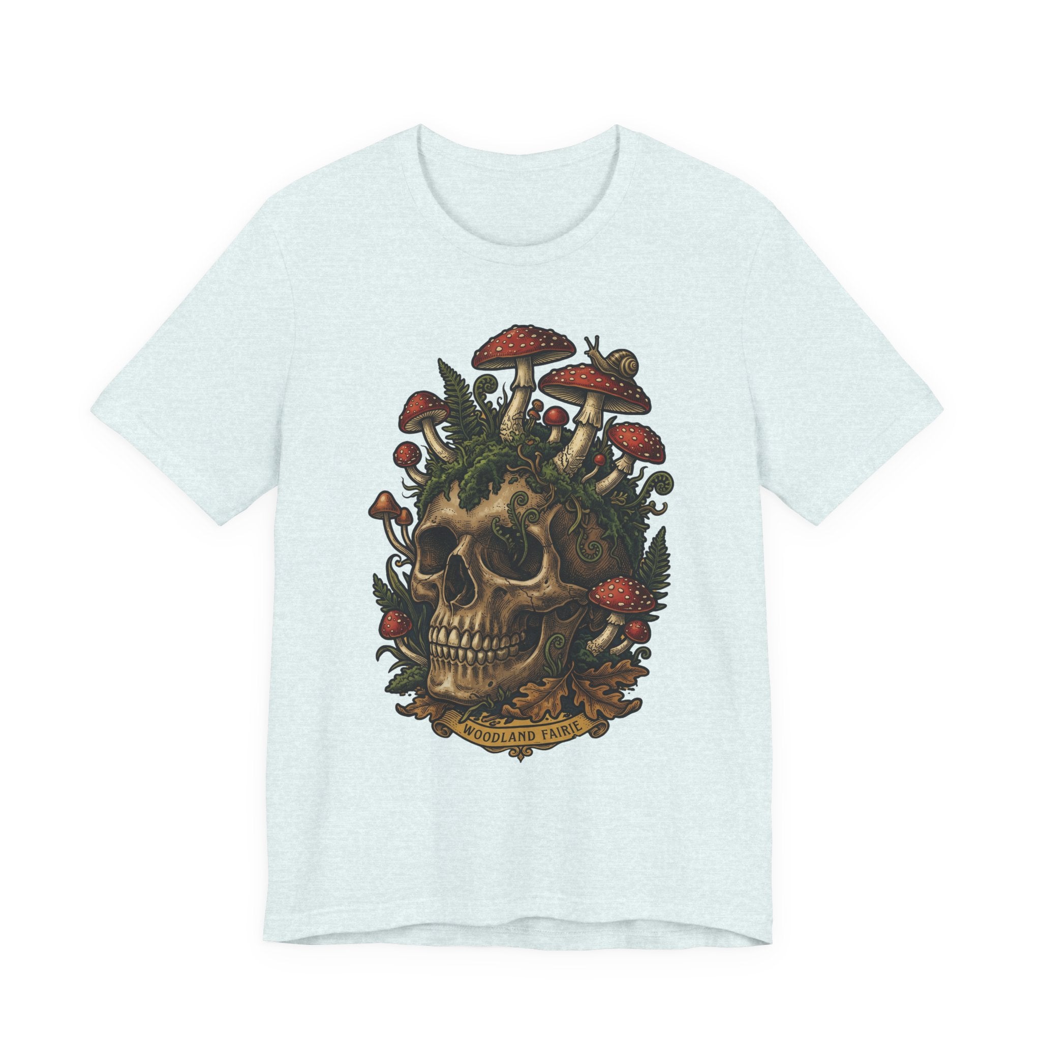 Mushroom skull T-shirt in Heather Aqua with dark botanical skull and mushrooms